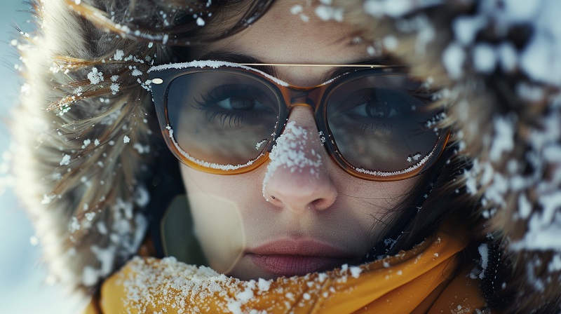 kobieta w luksusowych okularach przeciwsłonecznych zimą
